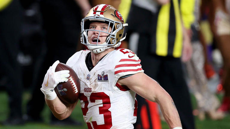 Christian McCaffrey of the San Francisco 49ers runs for a touchdown in the second quarter against the Kansas City Chiefs during the Super Bowl at Allegiant Stadium Feb. 11, 2024, in Las Vegas. Getty Images