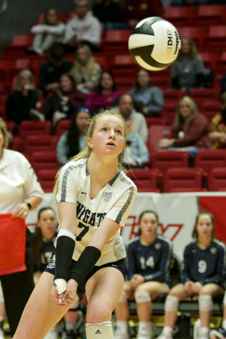 Central Catholic's Rachel Vorst (7) hits the ball during the fifth set of the IHSAA Class A volleyball state finals, Saturday, Nov. 6, 2021 at Ball State University's Worthen Arena in Muncie.