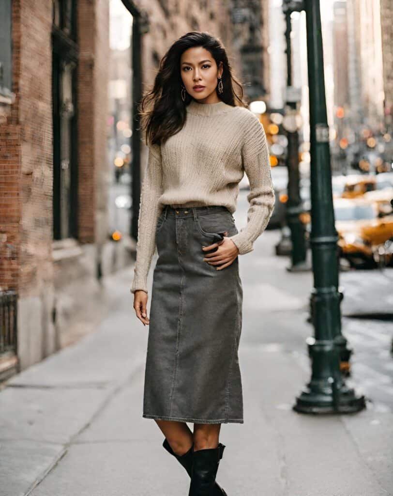 <p>Just like the flared leg jeans, denim skirt can also be worn to a Sunday service, if your church has a more relaxed dress code.</p><p>A denim skirt is easy to wear whether in pencil style or A-line. It is meant for every woman just as long as you pick one in your size. They are easy to wear and are great for church because they can look quite dressed up, with the right top and shoes.</p><p>Wearing a denim skirt outfit to church of course requires more thought. You don’t have to wear a loosely fitted skirt if that is not your style. When you do wear one that hugs your body, then balance it out with a longer skirt length, and wear a top that is not too revealing.</p><p>It’s best to go for a denim skirt in a simple style if you’ll be wearing it to church, nothing over the top.  If it’s warm outside, you can always switch up the boots for sandals.</p>