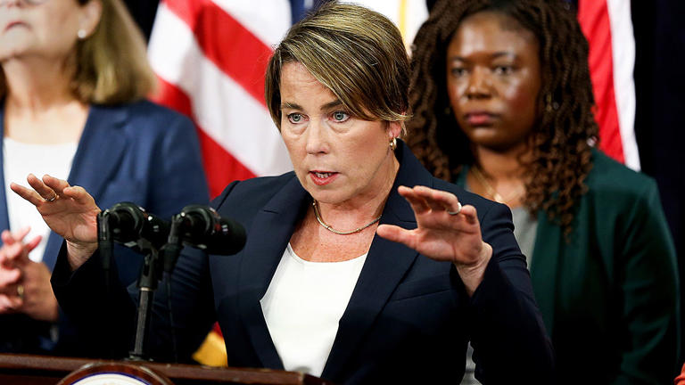 Massachusetts Governor Maura Healey at a press conference announcing significant action related to the state's emergency shelter system. Photo by Jonathan Wiggs/The Boston Globe via Getty Images