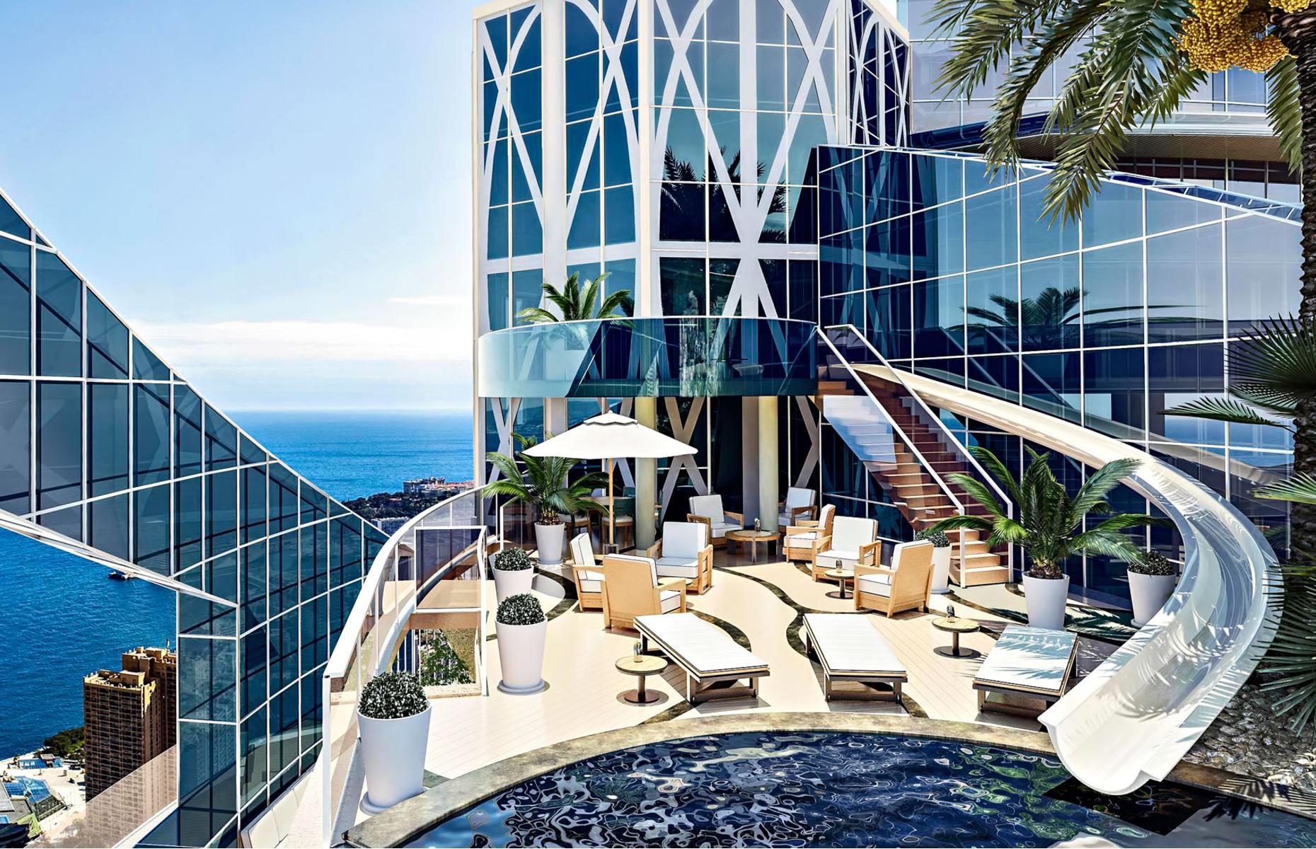 <p>A real billionaire’s playground, the penthouse not only has 360-degree views out across the Mediterranean but features a waterslide that descends from a dance floor directly into a mind-blowing rooftop infinity pool. How’s that for the perfect party pad? The property is also close to Monte Carlo’s fabled casino and Royal Palace, once inhabited by America’s princess Grace Kelly, who was married to the principality's monarch, Prince Rainier. </p>