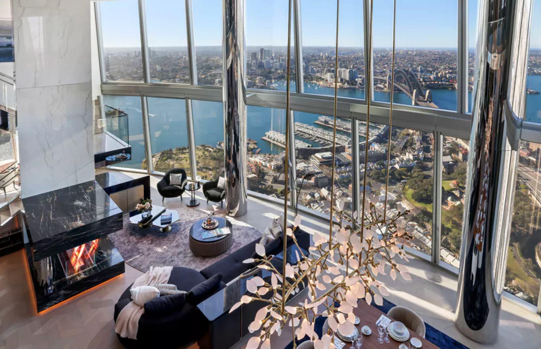 <p>Located atop Sydney’s tallest building, part-owned by James Packer, Australia’s media and casino mogul, it hovers 800 feet above sea level. There is 8,600 square feet of luxury space, a cathedral of glass, chrome, and black marble. The penthouse offers several entertaining areas as well as an office, private plunge pool, cinema room, gym, and over 500 square feet of outside space across three protected balconies. </p>