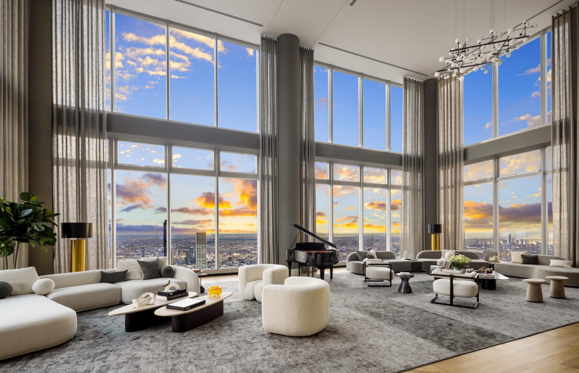 <p>Soaring 1,416 feet above Manhattan, the penthouse is not only the highest residence in the world (it's nearly as tall as the Empire State Building), but it's also America’s most expensive, thanks to its initial asking price of $250 million. Following a price cut, the pad is now available for a cool $195 million. The three-story apartment boasts the highest private ballroom on the planet, alongside this 1,500 square-foot grand salon with its wall-to-wall windows that frame jaw-dropping city scenery. </p>