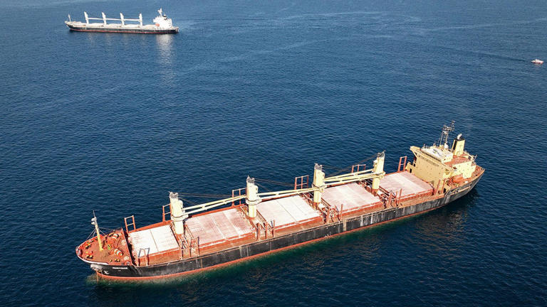 The cargo ship Rubymar, carrying Ukrainian grain, is seen in the Black Sea off Kilyos near Istanbul, Turkey in November 2022.