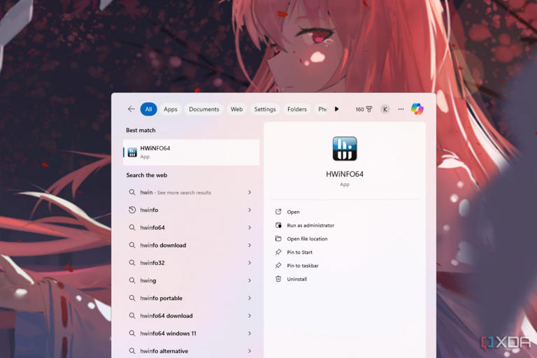 A screenshot showing the HWiNFO on start menu.