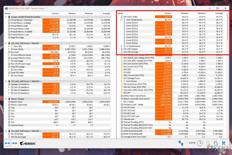 A screenshot showing the highlighted CPU die and core temperatures in HWiNFO64.