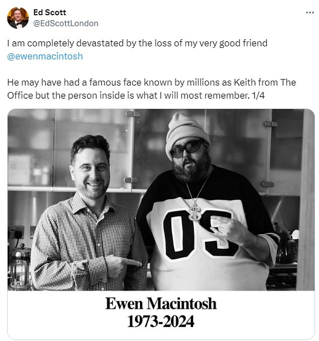 keith from the office dies aged 50: tributes to ewen macintosh best known for his role in ricky gervais' hit sitcom after he passes away