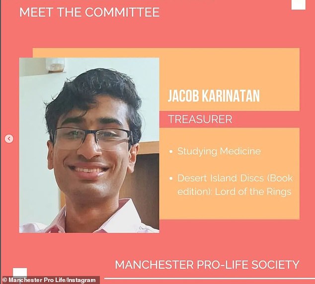 female students at the university of manchester say a 'deeply troubling' pro-life society founded by a male president who 'opposes abortion' makes them 'fear for their safety'