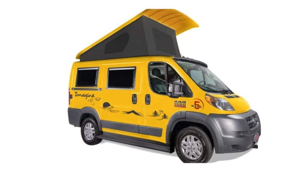 <p>For those who need to stick with a smaller vehicle, the 5 Mars RV Imagine is a Class B <a href="https://www.thewaywardhome.com/ram-promaster-conversion/">camper van built on a RAM Promaster</a> 1500. Thanks to the overhead bed, it offers additional sleeping space, so you could fit a family or a group of four friends in it. All four of you can eat at the dinette, which features two swivel seats.</p><p>The galley is right next to the dinette, easily accessible while seated. Because the van is quite short, there isn’t a toilet on board, but it comes with a portable toilet.</p><p>Beware: 5 Mars RV are based in Canada.</p>