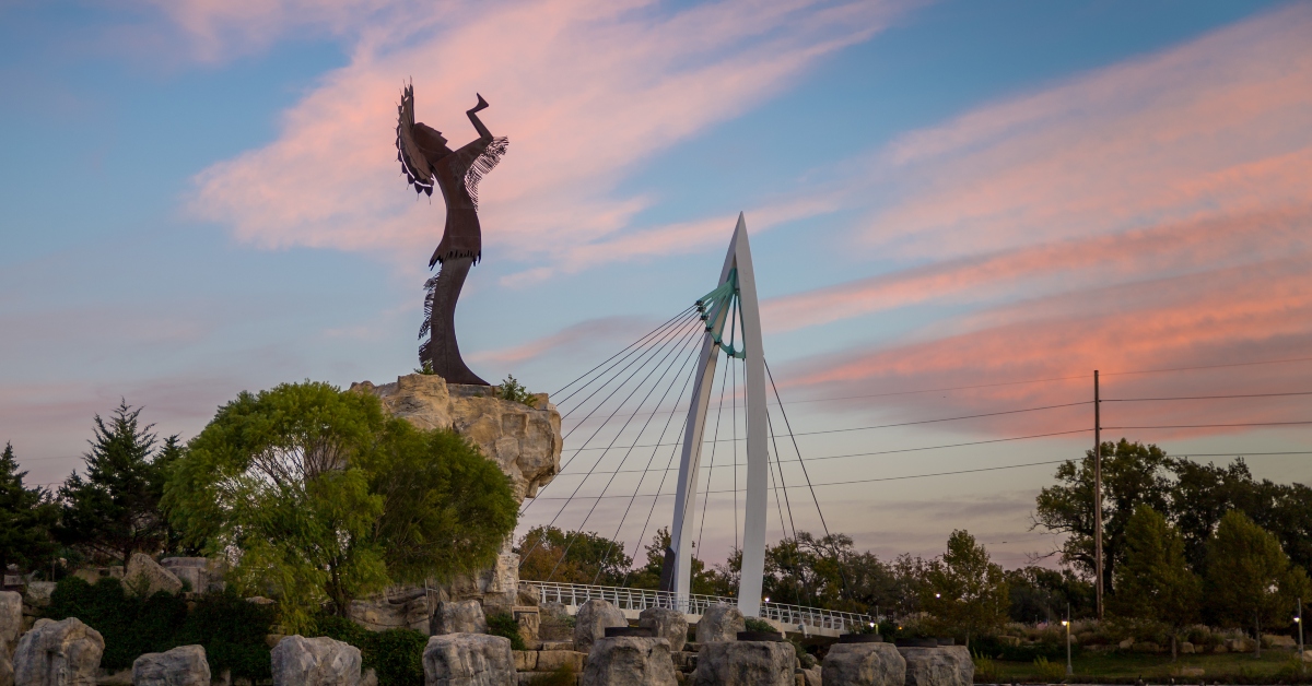 <p> The Keeper of the Plains, a stunning 44-foot steel structure that stands at the point where the Big and Little Arkansas rivers meet, was designed by Native American Artist Blackbear Bosin in the 1970s. Visitors can also check out the Mid-America All-Indian Museum nearby.  </p>
