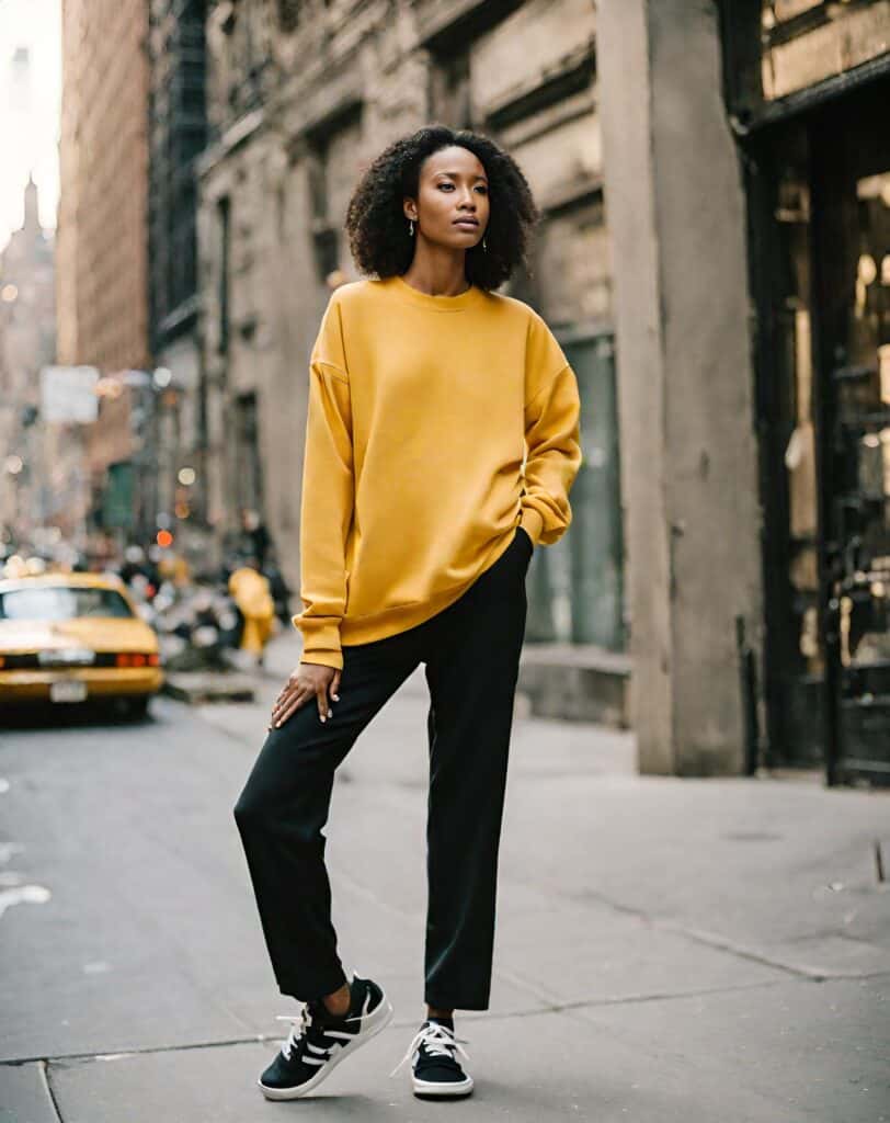 <p>For a sporty yet stylish ensemble, pair your sweatshirt with black sneakers. The understated design of the sneakers complements the laid-back aesthetic of the sweatshirt, creating a cohesive and cool outfit. </p><p>Additionally, black sneakers offer remarkable adaptability, effortlessly switching from casual to formal settings for any occasion.</p>