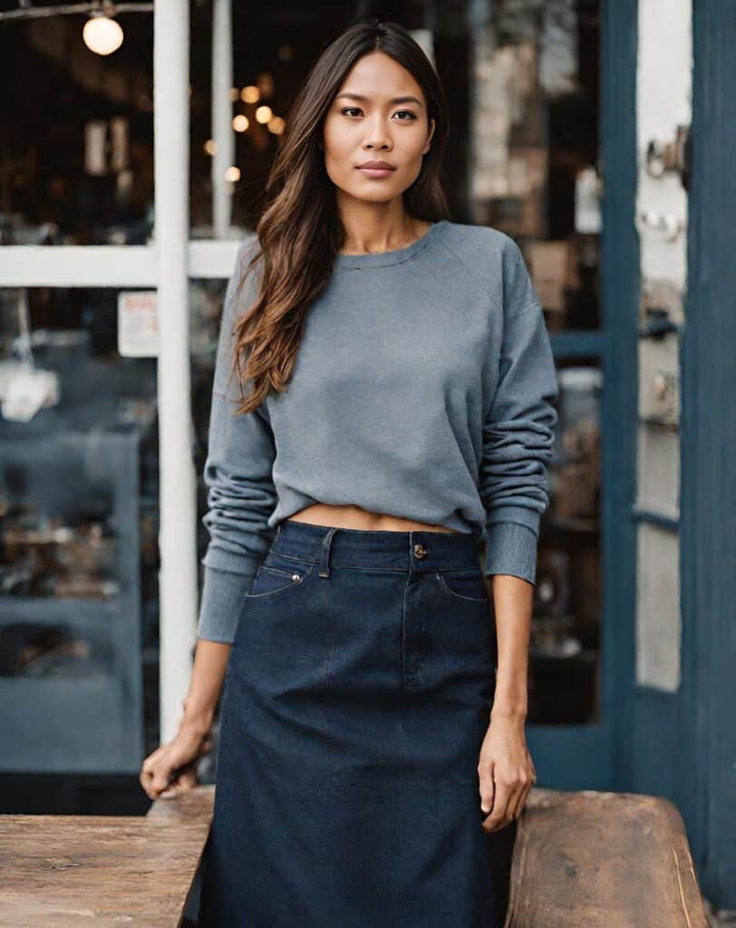 <p>The forever on-trend appeal of denim adds a rugged edge to your sweatshirt, and its maxi length provides an exquisite and laid-back vibe. Whether you’re rocking classic blue denim or a distressed finish, a denim maxi skirt coordinates with the easygoing vibe of a sweatshirt, giving you a trendy look in a snap.</p>