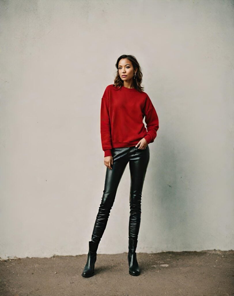 <p>You can always add a hint of edge to your sweatshirt outfit by pairing it with leather leggings. The sheeny and chic look of these leggings contrasts gorgeously with the casual feel of the sweatshirt, creating a stylish and fashion-forward ensemble.</p>