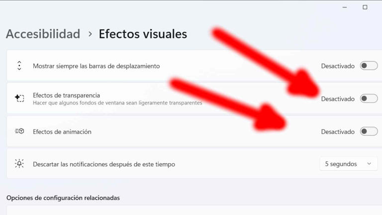 Las opciones de Windows 11 que hay que desactivar para quitar los efectos
