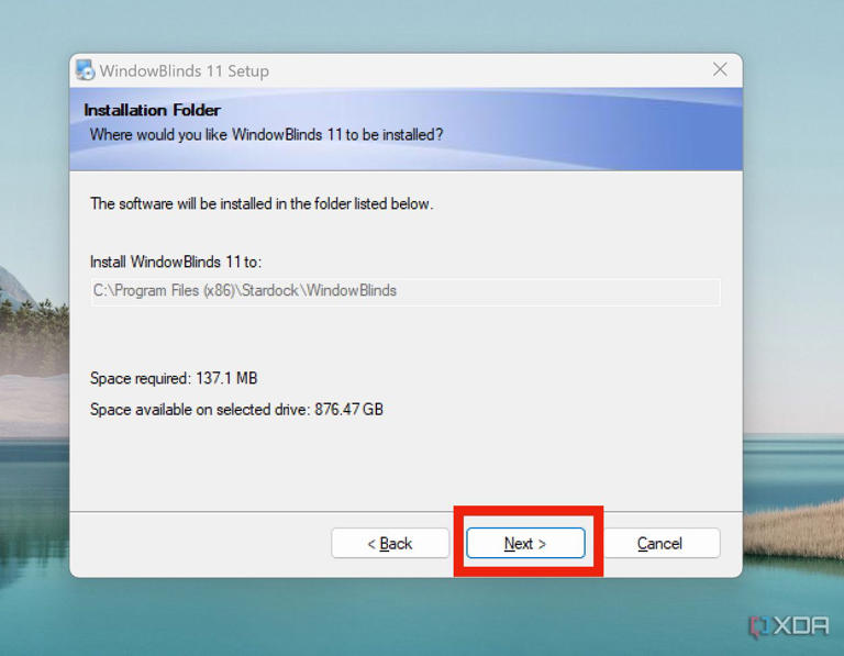 The install location options for WindowBlinds 11.