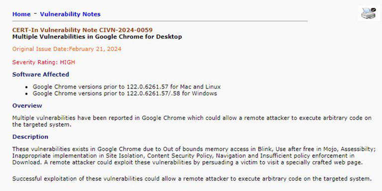 Google Chrome | CERT-In | Google Chrome update