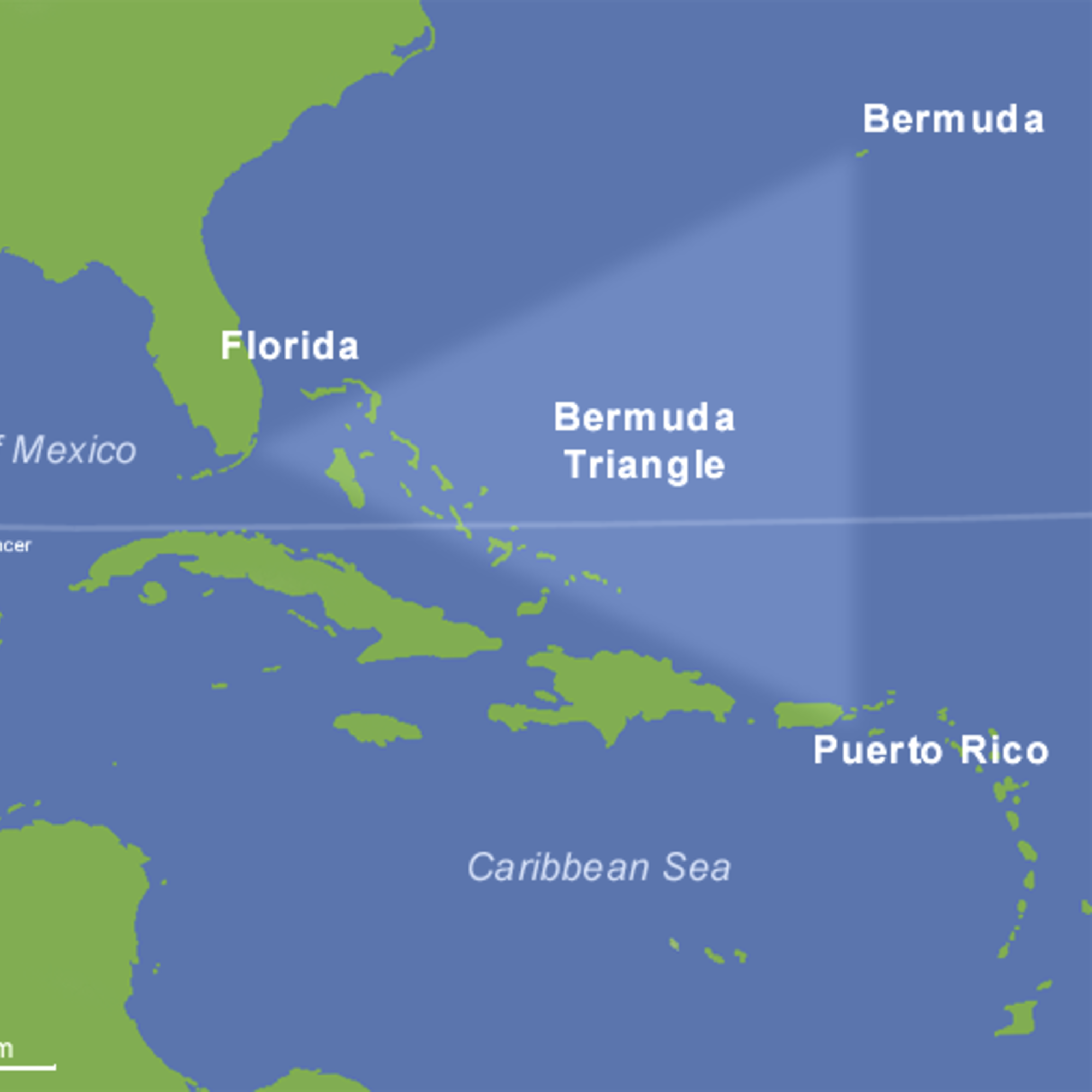 <p>While some writers have set the vertices of the triangle in Miami, San Juan (Puerto Rico) and Bermuda, others have given different boundaries and vertices, even stretching it as far as the Irish coast. Consequently, the recount of which accidents occurred inside the triangle depends on which writer reported them.</p> <p>Image: By Bermudan_kolmio.jpg: Alphaiosderivative work: -Majestic- (talk) - Bermudan_kolmio.jpg, Public Domain, https://commons.wikimedia.org/w/index.php?curid=6916509</p>