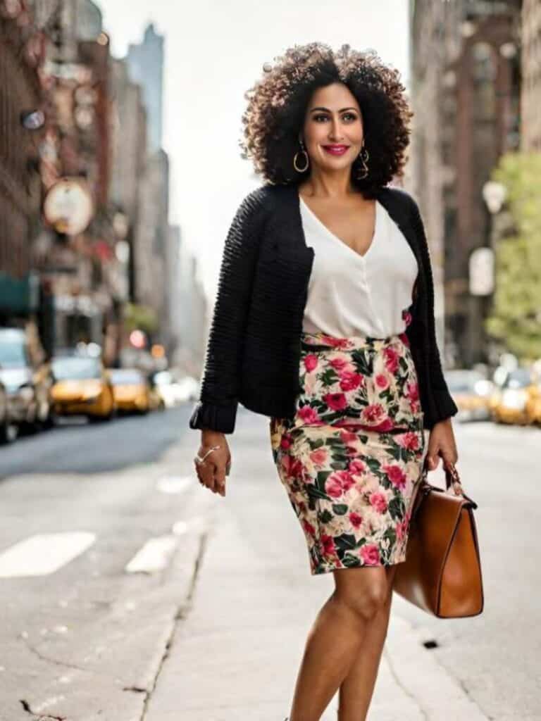 <p>If you’d like something dainty and feminine, a floral skirt is the way to go! They add a touch of femininity and personality to a business casual outfit, while also keeping a professional appearance.</p>