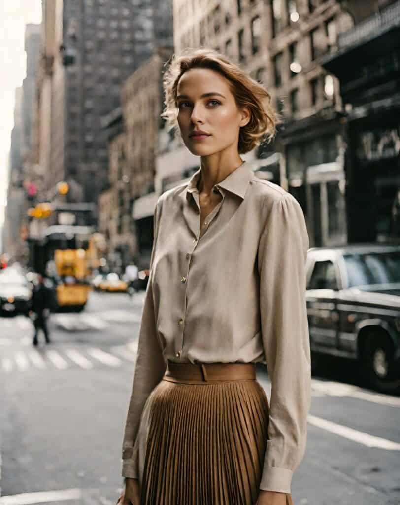 <p>Button-down shirts are absolutely a business outfit essential because of its minimalist and casual elegance. Having them in neutral colors will allow you to layer your business-style pieces with more ease just like this mocha-toned button-down shirt with a pleated skirt in a darker tone.</p>