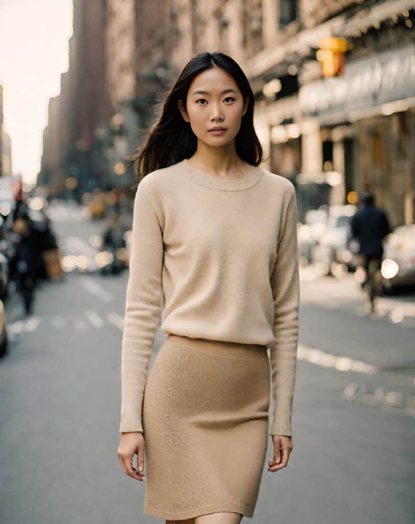 <p>Knitted fabrics are known to be comfy and cozy so it’s hard to miss the charm of a knit skirt! You can absolutely experiment with your matches but if you’d like to make it more seamless and business-appropriate, why not try a monochromatic pairing?</p>