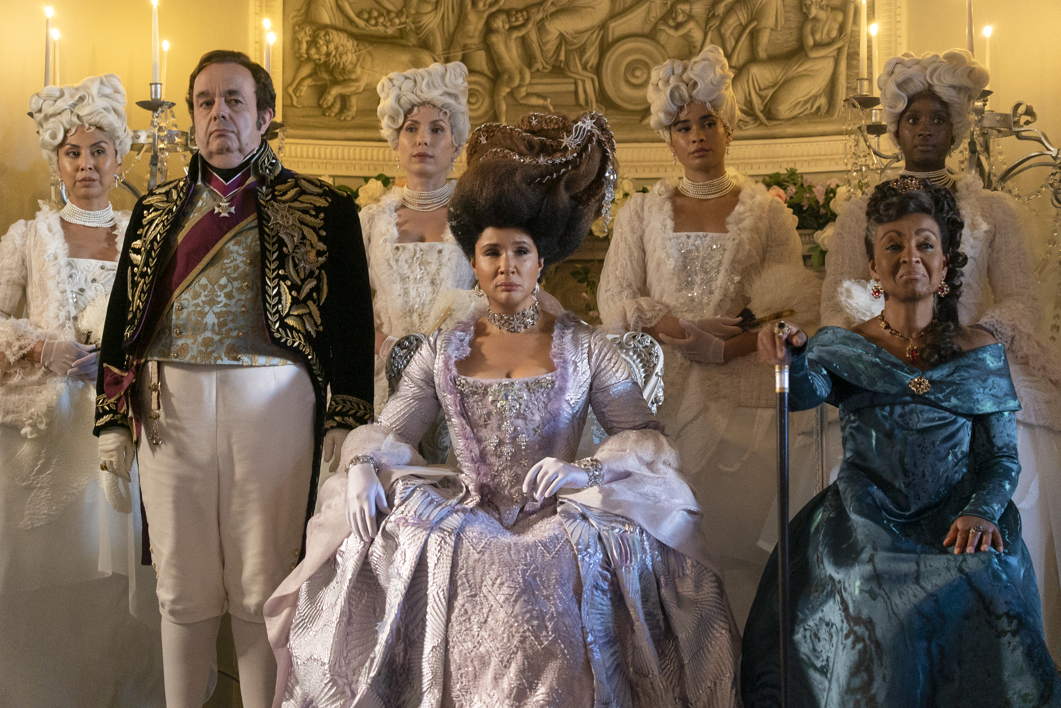 <p>Hugh Sachs plays Brimsley, Golda Rosheuvel plays Queen Charlotte and Adjoa Andoh plays Lady Agatha Danbury in episode 2, season 3 of "Bridgerton," which debuts on Netflix on May 16, 2024.</p>