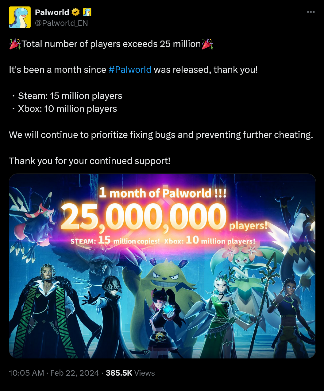 microsoft, palworld has achieved more players in 2 months than elden ring and hogwarts legacy managed in a year
