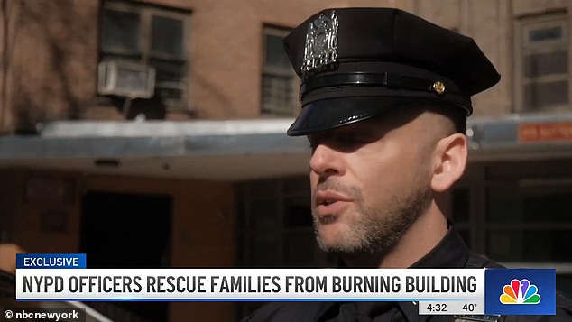 dramatic moment hero cops rush to rescue babies in diapers, teen with broken leg and man on crutches from burning brooklyn apartment building
