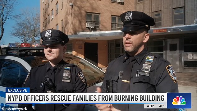 dramatic moment hero cops rush to rescue babies in diapers, teen with broken leg and man on crutches from burning brooklyn apartment building