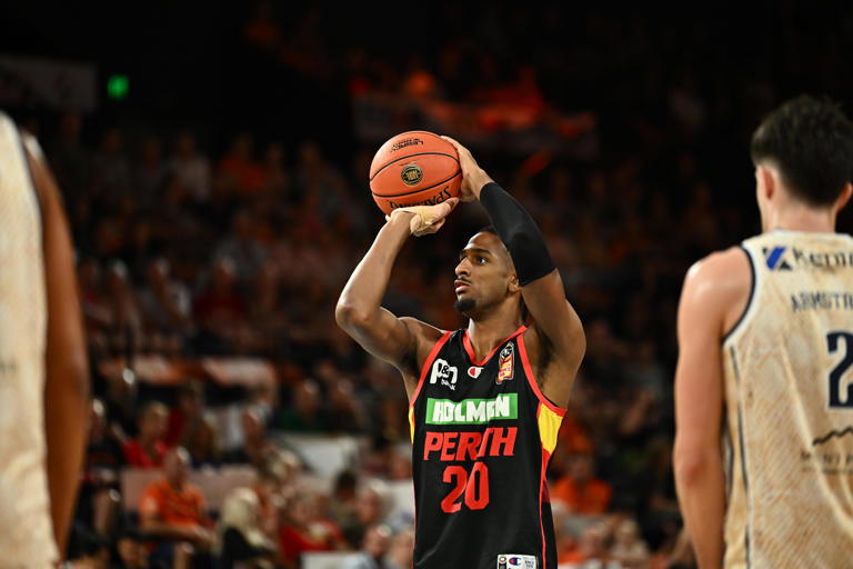 Perth Wildcats' Alexandre Sarr lines up a free throw during an NBL match on Dec. 26, 2023, in Cairns, Australia.
