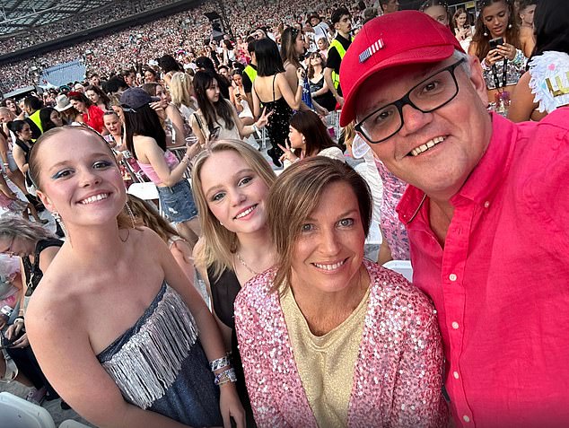 scott morrison dresses up in pink for family night out at taylor swift's sydney eras tour show