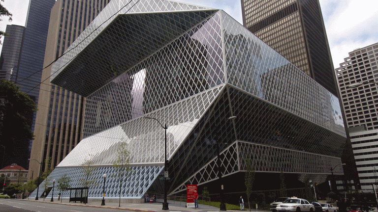 The Seattle Central Library has an intriguing exterior that is appealing to visitors. Ron Wurzer/Getty Images