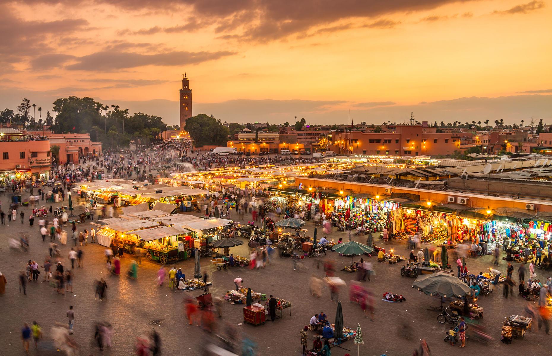 <p>Joyous and buoyant, <em>Marrakesh Express</em> by Crosby, Stills and Nash inspired a generation of travelers to ride the rickety train from Casablanca to Marrakech and immerse themselves in the color and chaos of Jemaa el-Fna square (pictured). Today, Marrakech is reached by the high speed Al Atlas train – no ducks and pigs and chickens as referred to in the song these days – but the appeal of the city remains the same, with colored cottons still hanging in the air and men charming cobras in the square.</p>
