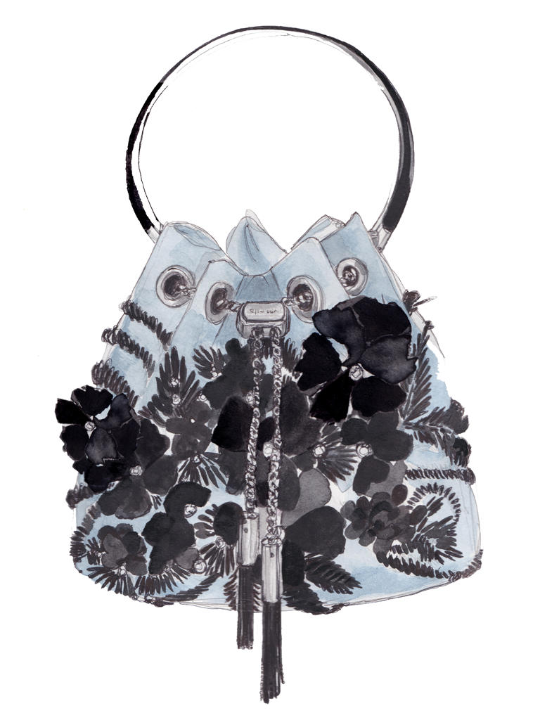 An illustration of the Paris bag from Jimmy Choo's The Flower Series collection.