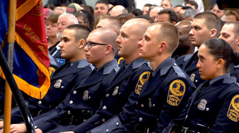 52 new troopers wait to receive their diplomas at a graduation ceremony held on Friday, Feb. 23, to mark their official joining of the Virginia State Police. (Photo: Mark Morales, 8News)
