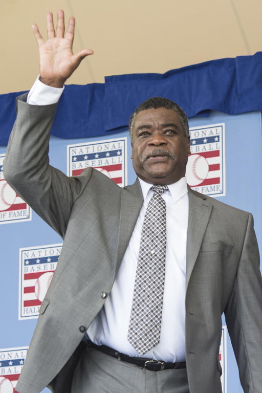 Hall of Famer Eddie Murray waves to the crowd after being introduced during the Hall of Fame Induction Ceremonies at Clark Sports Center in Cooperstown, NY on July 26, 2015.