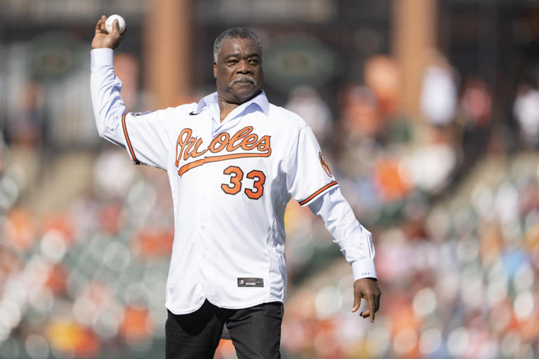 Baltimore Orioles Hall of Famer Eddie Murray (33) throws out the ceremonial first pitch at Oriole Park at Camden Yards The Orioles were celebrating the 30th anniversary of Camden Yards in Baltimore, Maryland on August 6, 2022.
