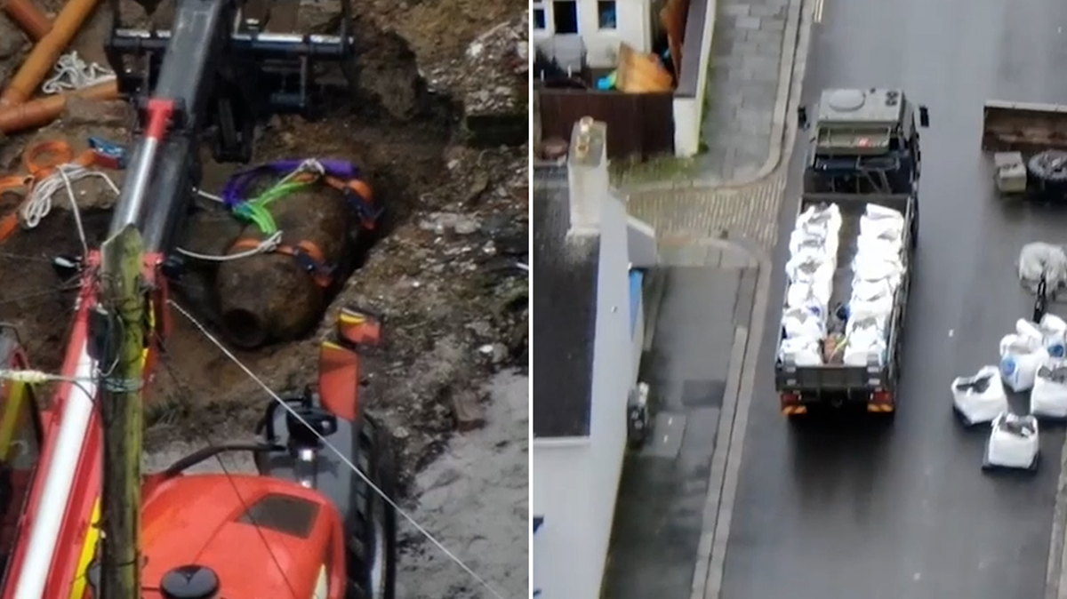 drone footage shows ww2 bomb being driven through plymouth streets before detonation