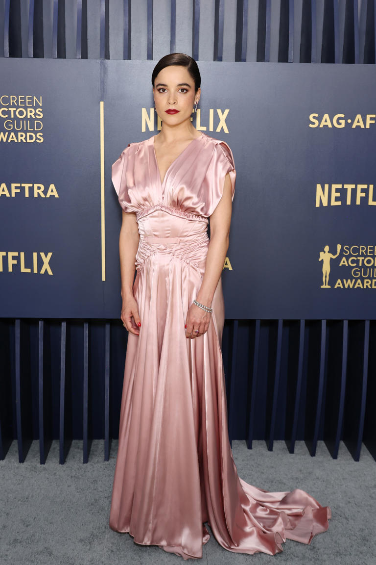 La actriz de The Calling llevó un vestido rosa satinado.