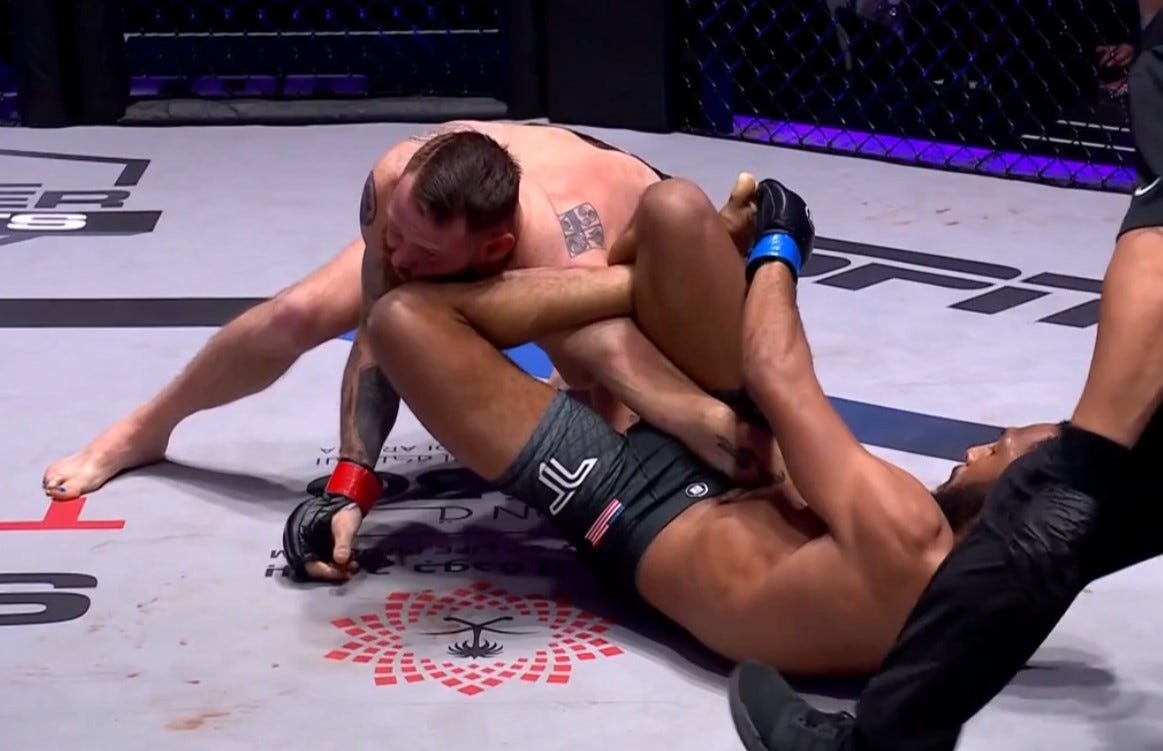 pfl vs. bellator: champions video: a.j. mckee taps clay collard with triangle armbar in 70 seconds