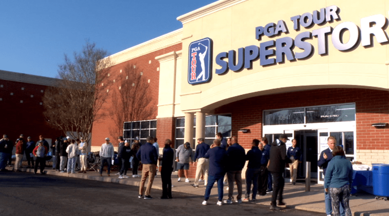 A line gathers outside of the new PGA Tour Superstore in the Short Pump area for a chance to win $30,000 in giveaways and prizes. (Photo: William Berksteiner, 8News)