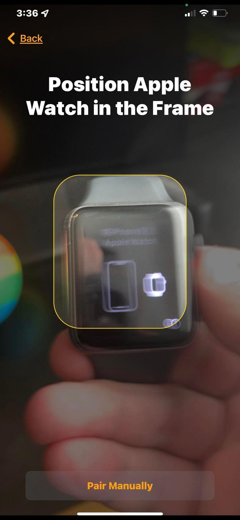 An Apple Watch being positioned within the frame to pair it in the Apple Watch app