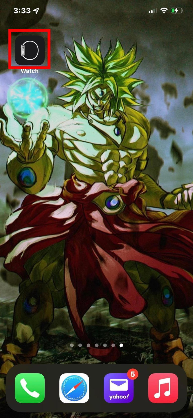 The home screen of an iPhone with the Watch app highlighted with a red box around it