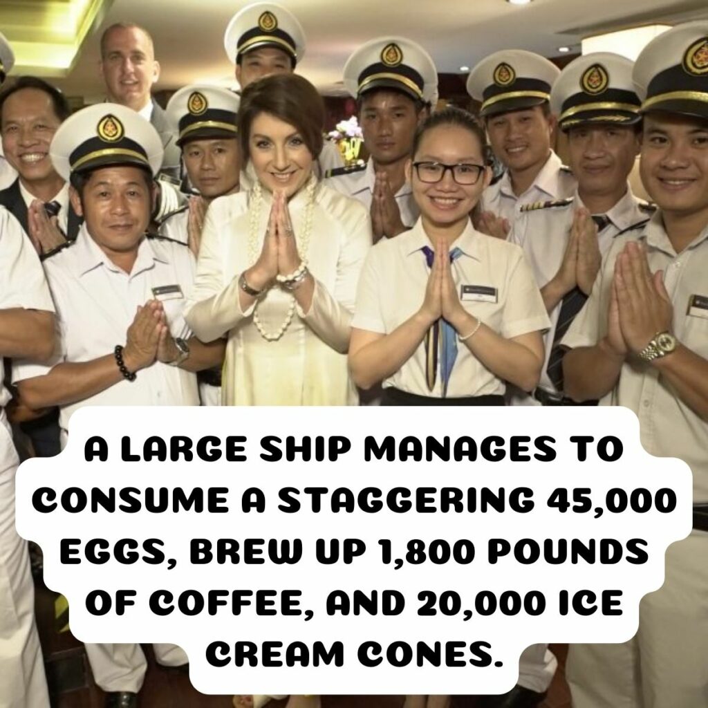 <p>Cruise ships are veritable feasting grounds, with an astonishing quantity of food consumed during each voyage. Over a typical 7-day cruise, a large ship manages to devour a staggering 45,000 eggs, brew up 1,800 pounds of coffee, 20,000 ice cream cones (!) and consume a whopping 9,000 pounds of lettuce. <br>While pizza consumption isn’t specified, it’s safe to assume that it’s also a significant figure, considering the ship’s diverse culinary offerings. Despite the elimination of the midnight buffet on most cruise lines in recent years, these floating cities continue to satisfy passengers’ appetites with an abundance of delectable dishes, making dining a prominent highlight of the cruise experience.</p>