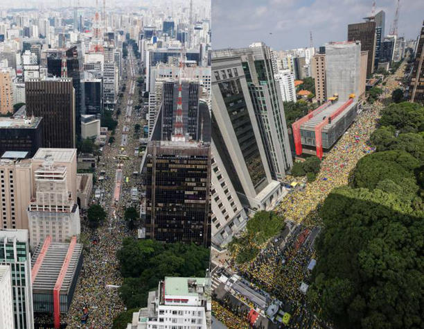 Na primeira foto, manifestantes pedem pelo impeachment da Presidente Dilma Rousseff, na Avenida Paulista em 2015. Na segunda, ato pró Bolsonaro na Avenida Paulista neste domingo. Foto: Filipe Araújo e Tiago Queiroz/Estadão