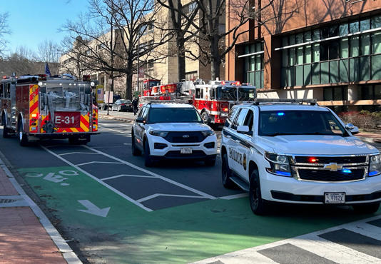 Emergency response vehicles near the Embassy of Israel in Washington on Feb. 25, 2024.