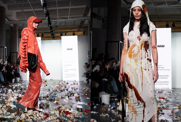 Milan Fashion Week 2024 Viral Video: Bucket Full of Trash and Pinch of Drama Splattered on Models Walking on Runway