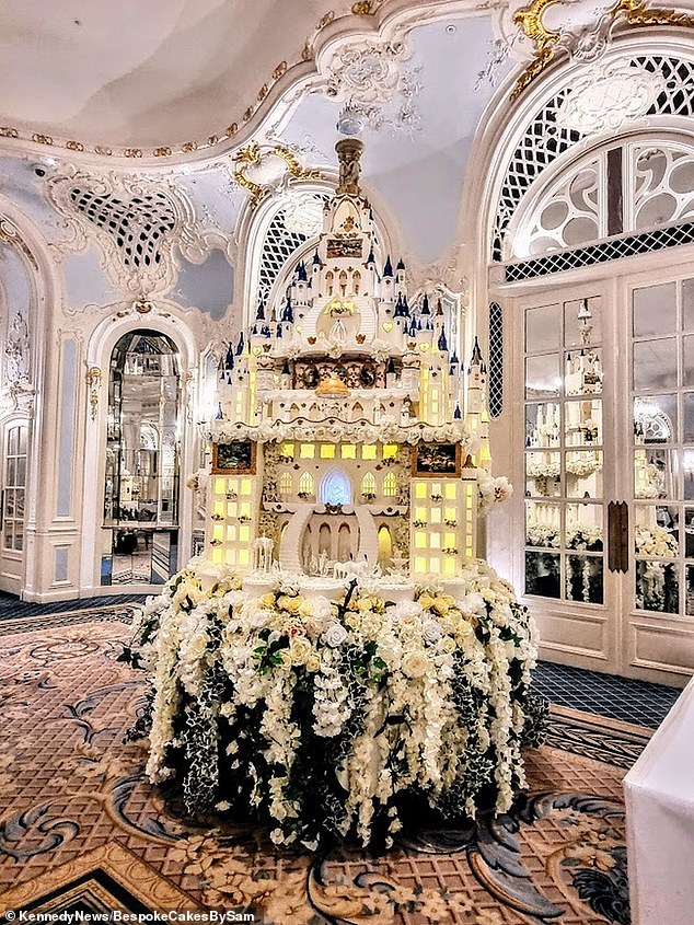bride, 18, splashes out £13,000 for 13-foot wedding castle cake complete with eight-stone of icing and led balloon lights