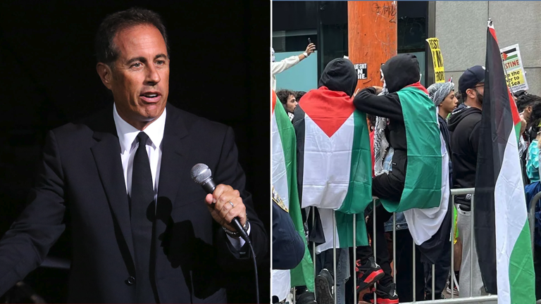 Jerry Seinfeld and pro-Palestinian protestors split image Getty Images