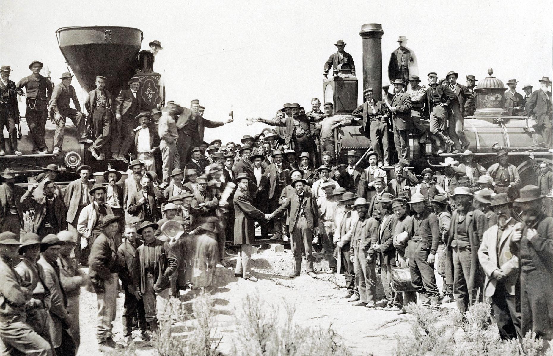 <p>On May 10, 1869, the railway's eastern and western construction crews met in the middle, on a patch of high ground in Utah known as Promontory Summit. Here, the management of the Central Pacific and Union Pacific railroads met for a celebration (pictured) and drove a ceremonial golden spike into the ground to mark the exact point the tracks touched. From now on, Americans could travel from sea to shining sea by a single mode of transport: the railway.</p>