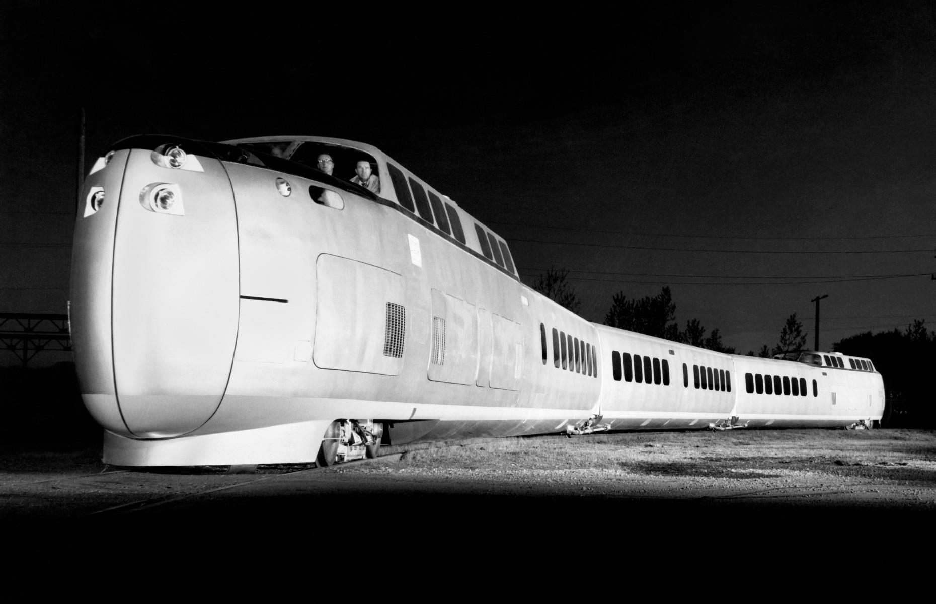 <p>In the late 1960s rail travel entered the jet age with a new piece of kit: the Turbotrain, pictured here in 1968. Built by an aircraft manufacturer, Turbotrains were powered by gas-turbine engines similar to those found on airliners and featured tilt technology to take corners at high speed. Despite the cutting-edge tech, Turbotrains were scrapped after only a few years thanks to increasing fuel costs during the global oil crisis.</p>